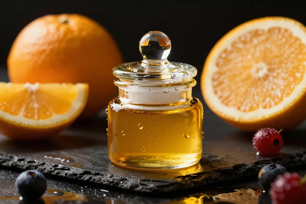 Frasco de aceite dorado rodeado de frutas