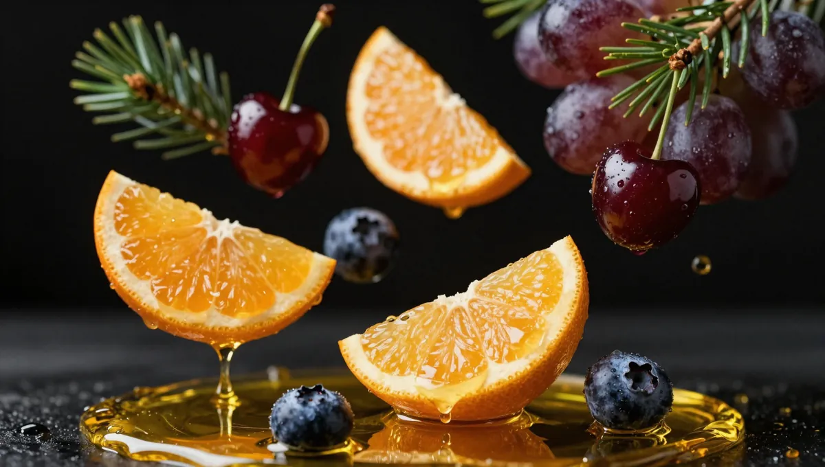 Frutas frescas y gotas de aceite dorado